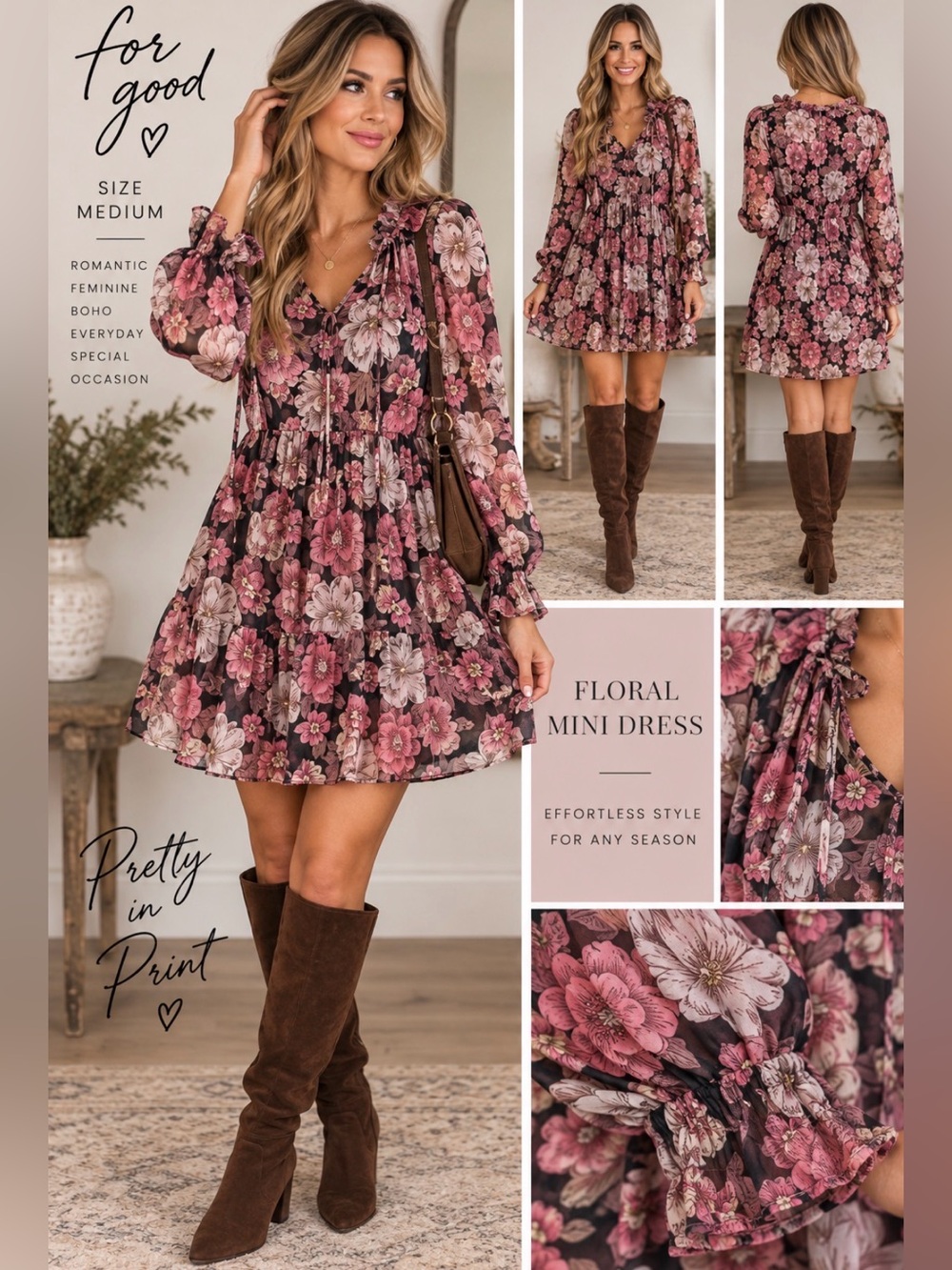 For Good Floral Mini Dress M Pink Mauve Ruffle Long Sleeve Romantic Boho